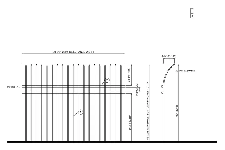 Dimensioned shop drawing of a 3-rail curved spear panel